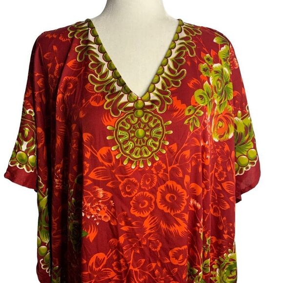 Miss Lavish Kaftan Muumuu Maxi Dress 14-18 Red Floral V Neck Resort Wear Boho - Picture 2 of 6